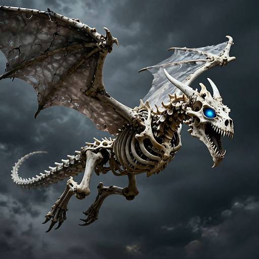 Digital artwork of a skeletal, winged dragon with glowing blue eyes, sharp claws, and jagged wings, soaring against a dark, cloudy sky.