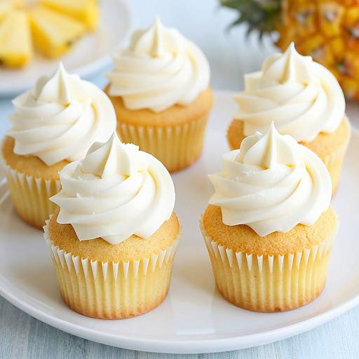 Photograph of four vanilla cupcakes with white swirled frosting, in white paper liners, on a white plate, with a blurred pineapple in the background