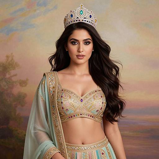 Photograph of a beautiful South Asian woman with long black hair, wearing a jeweled crown, gold and turquoise embroidered top and skirt, and a sheer