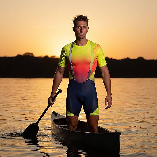 Photograph of muscular man in neon yellow and orange triathlon suit, standing in kayak, rowing in calm lake at sunset.