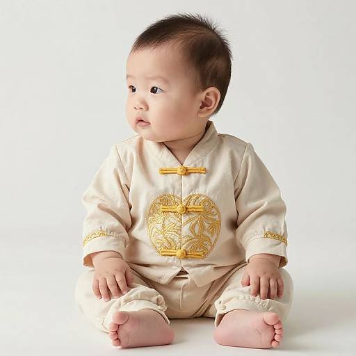 Asian Baby in Embroidered Beige Outfit