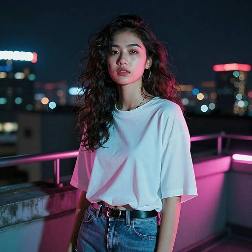 Neon Rooftop Portrait of a Young Woman