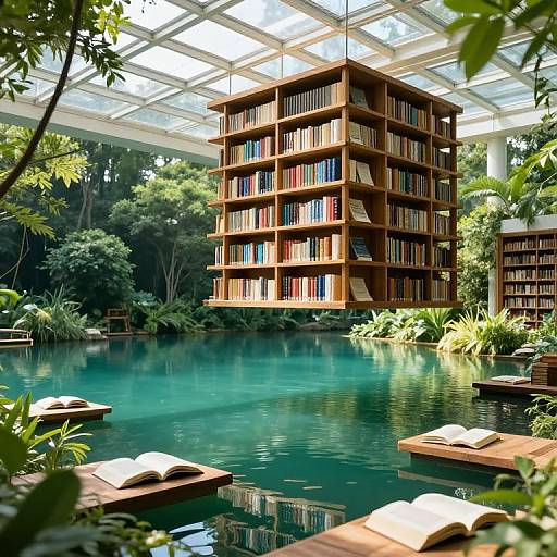 Photorealistic image of a futuristic library with a floating wooden bookshelf over a serene turquoise pond, surrounded by lush greenery and open books on floating