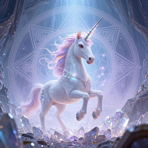 Digital artwork of a glowing white unicorn with a shimmering mane and horn, standing amidst sparkling crystals and mystical runes in a radiant blue cave.