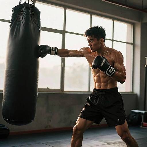 Photograph of a muscular, shirtless Asian man with short black hair, wearing black boxing gloves and shorts, punching a hanging black punching bag in a