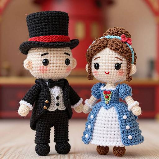 Photograph of two crocheted dolls, a man in a black top hat and tuxedo, a woman in a blue dress with white buttons