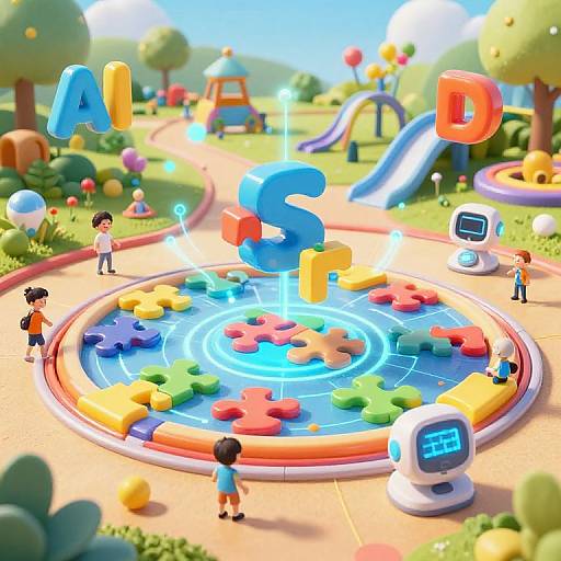 Vibrant CGI image of a colorful children's playground with a glowing puzzle game, alphabet letters, kids, slides, and a digital timer.