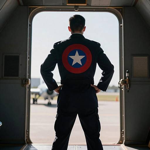 Man in Military Suit with Shield Emblem in Aircraft Hatch