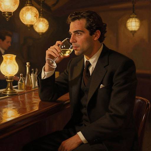 Photograph of a handsome, dark-haired man in a black suit, sipping white wine at a warmly lit, vintage bar.