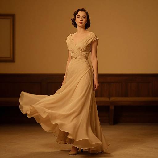 Photograph of a woman in a flowing, beige, vintage-style gown, standing on a dimly lit runway with wooden bench background.