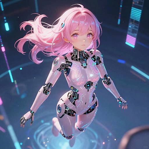 Digital anime-style artwork of a pink-haired, purple-eyed, robotic female figure in a glowing white bodysuit, floating in a dark, futuristic,