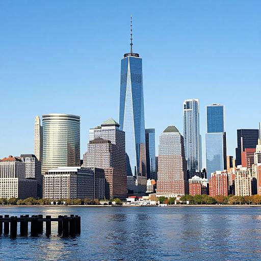 Photograph of New York City skyline with One World Trade Center towering above, reflecting blue sky, surrounded by diverse skyscrapers, and calm river in
