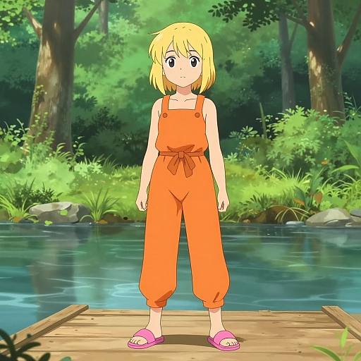 Confident Blonde Girl on Forest Bridge