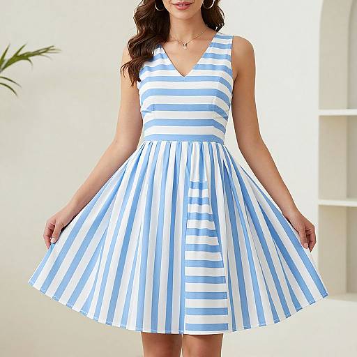 Photograph of a woman in a sleeveless, V-neck, blue-and-white striped dress with a flared skirt, standing in a brightly lit room