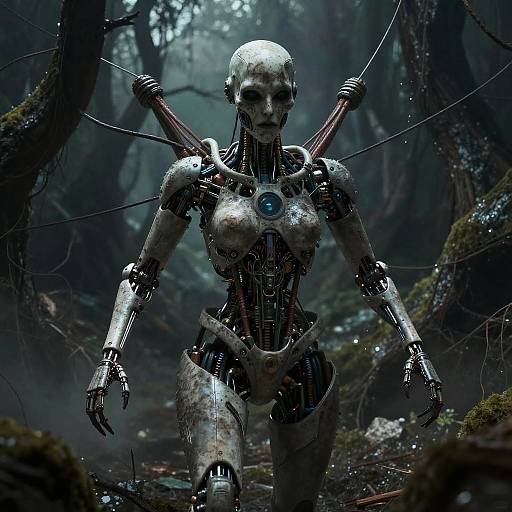 Digital artwork of a metallic, humanoid robot with exposed wires and a blue glowing chest, walking through a dark, misty forest.