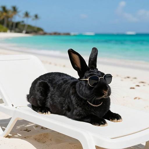 Photograph of a sleek, black rabbit with sunglasses and a chain collar lounging on a white beach chair on a sunny, turquoise ocean beach. Palm
