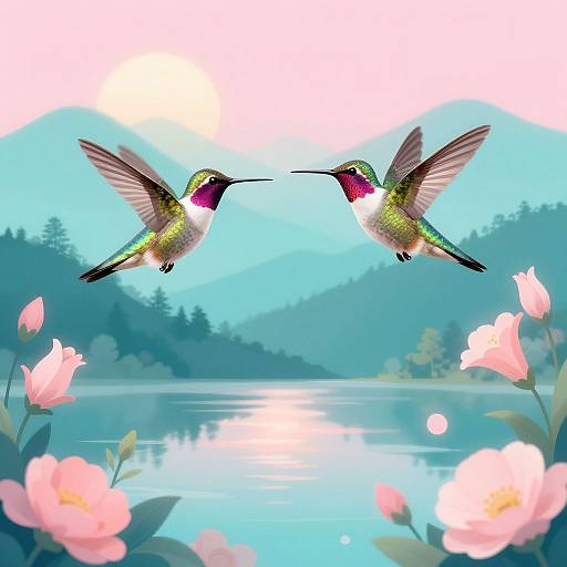 Hummingbirds in Pastel Mountain Sunset