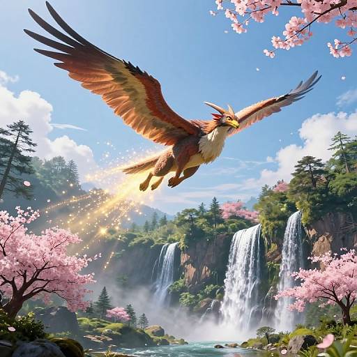 Digital fantasy artwork: majestic golden-brown eagle with outstretched wings soars above a serene waterfall, surrounded by pink cherry blossoms and lush green