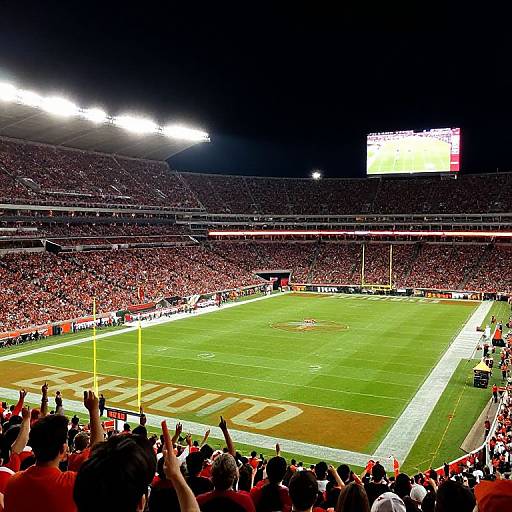 Photograph of a vibrant, packed stadium with bright lights, cheering crowd, and a football game in progress, featuring a large, illuminated scoreboard.