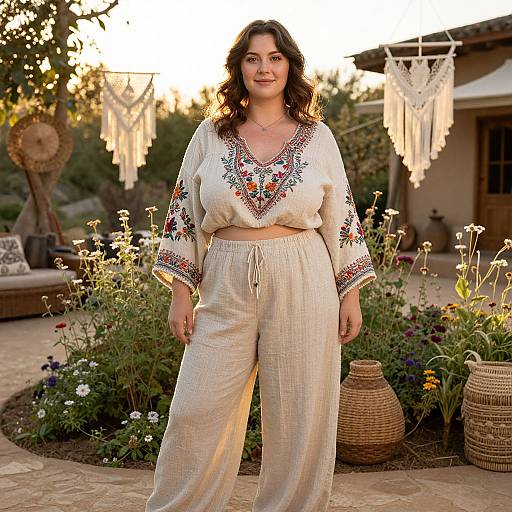 Photograph of a smiling, curvy woman with wavy brown hair, wearing a white embroidered blouse and loose pants, standing in a sunlit garden