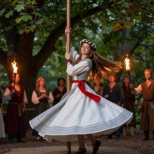 Photograph of a young woman in a white dress with red sash, crown of flowers, dancing around a pole in a forest, surrounded by lit