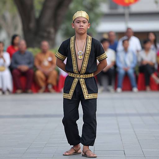 Photograph of a young boy in black and gold traditional attire, standing confidently outdoors, hands behind back, with blurred spectators in the background.