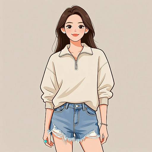 Digital anime-style illustration of a smiling young woman with long brown hair, wearing a white zip-up sweater and frayed blue denim shorts.