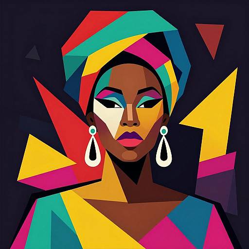 Bold, abstract portrait of a dark-skinned woman with vibrant geometric hair, earrings, and makeup, set against a dark background. Digital art.