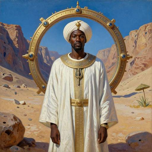 Digital painting of a dark-skinned African man in white traditional desert attire, gold jewelry, white turban, with a golden, circular, blue-