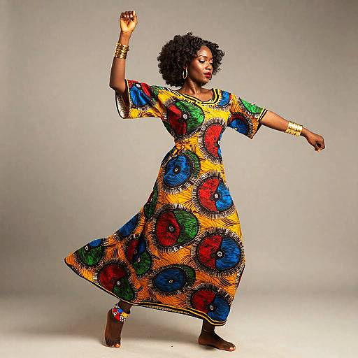 Photograph of an African woman with dark skin and curly hair, wearing a colorful, patterned yellow dress with red, blue, and green circles,