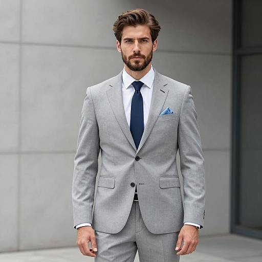 Man in Light Gray Suit with Blue Tie