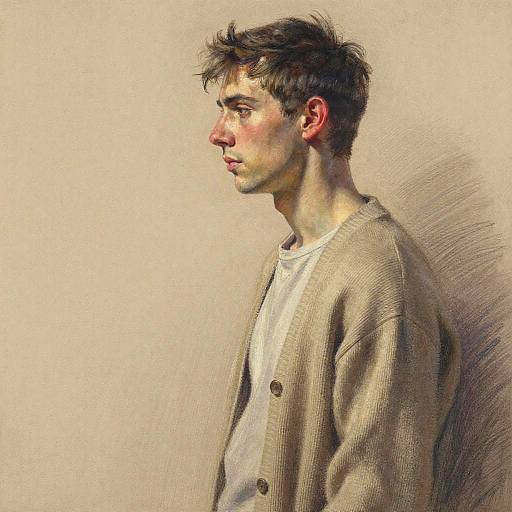 Digital portrait of a pensive young man with messy brown hair, wearing a beige cardigan over a white shirt, against a textured beige background.