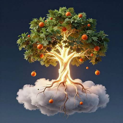 Digital illustration of a glowing orange tree with vibrant green leaves and orange fruits, rooted in a white cloud against a dark blue sky.