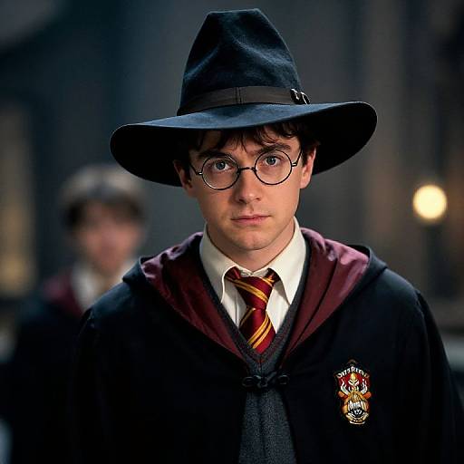 Photograph of a young boy in a Hogwarts robe, glasses, black hat, red striped tie, and maroon hood, with a blurred background.