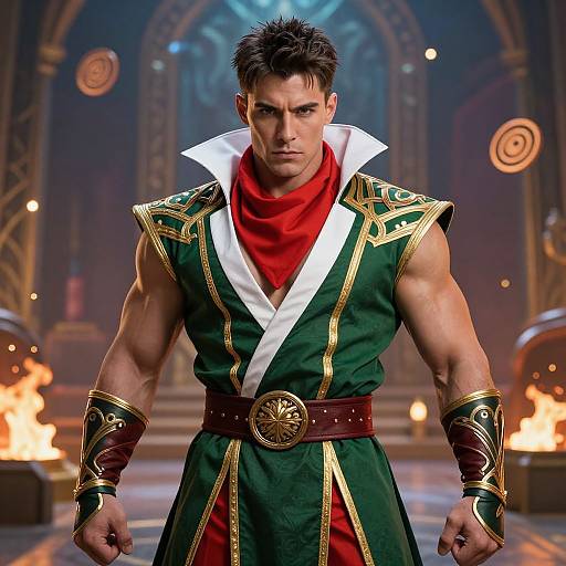 Muscular man with spiky black hair, green and gold armor, white collar, red scarf, and brown belt, stands confidently in front of blazing