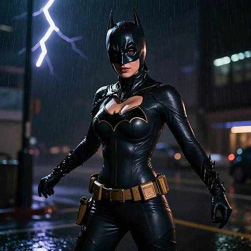 Batwoman Hero Pose in Rainy Night City