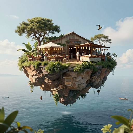 Photorealistic digital art of a floating cliff-top restaurant with wooden structure, umbrellas, people, trees, and birds above calm blue sea.