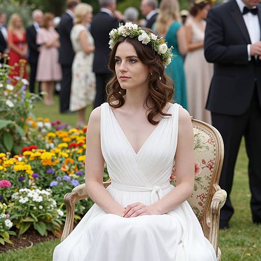 Photograph of a fair-skinned, dark-haired woman in a white, sleeveless wedding dress with a floral crown, seated in an ornate chair