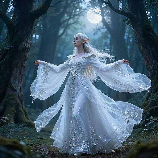 Photograph of a white-haired, elven woman in a flowing, white, ornate dress dancing in a mystical, moonlit forest.
