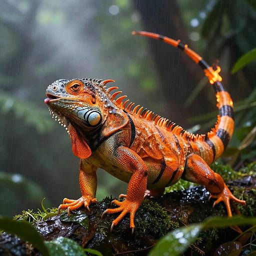 Verdant Firetail Iguana in Rainy Jungle