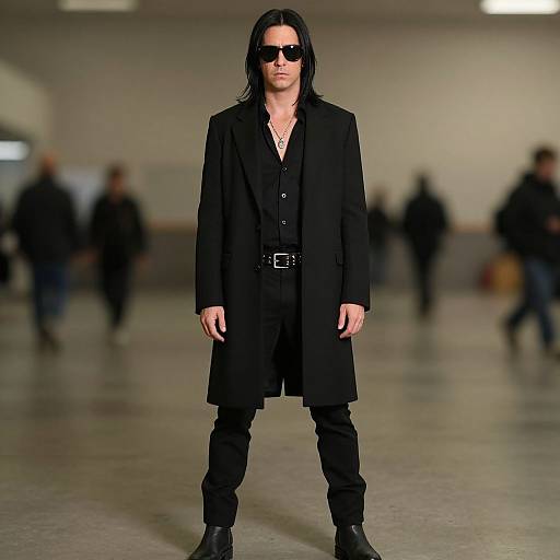 Photograph of a slim, black-haired man in a long black coat, black shirt, pants, and boots, standing confidently on a blurred runway with
