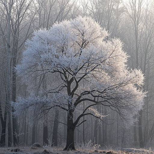 Majestic Frosted Tree in Misty Forest