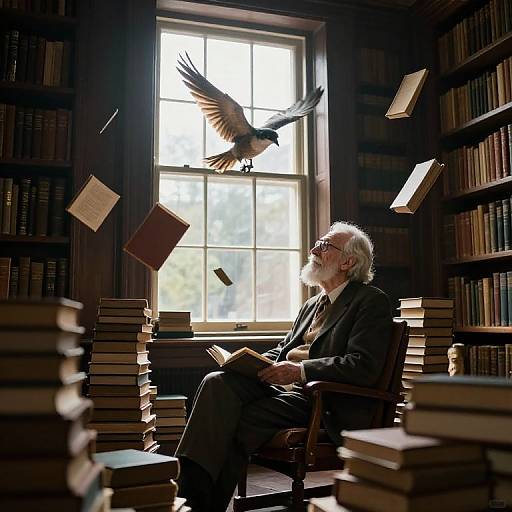 Photograph: Elderly white man with white beard, dark suit, reading in sunlit library, surrounded by flying books, with bird perched on