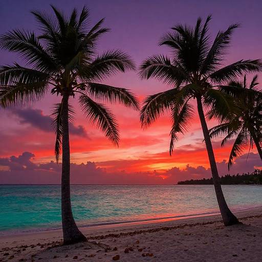 Photograph of a stunning tropical sunset with vibrant red, pink, and purple sky, silhouetted palm trees, turquoise ocean, and sandy beach