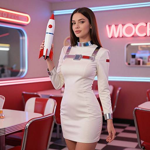 Photorealistic image of a brunette woman in a white, metallic-accents dress holding a toy rocket in a retro diner with neon lights and red