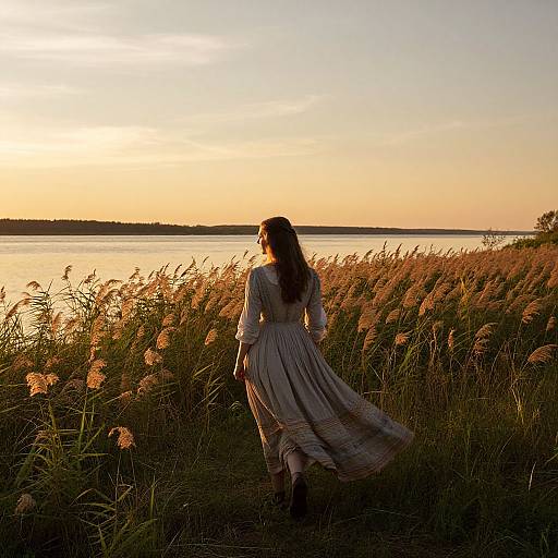 Photograph of a woman in a long, flowing dress, standing in tall grass, facing a serene sunset over a calm lake.