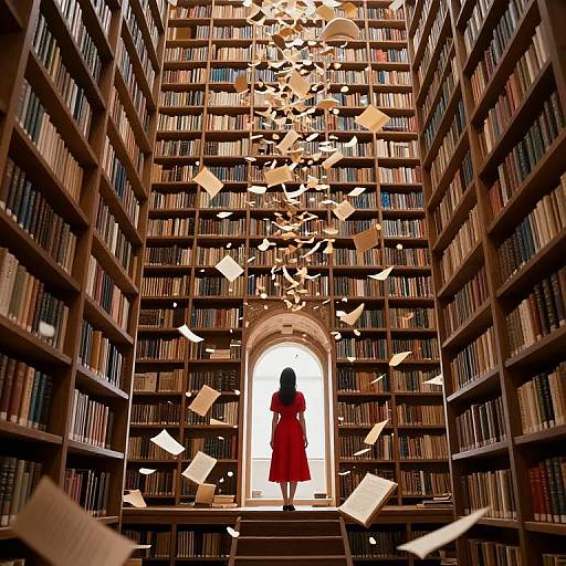 Photograph of a silhouetted woman in a red dress standing in a towering library with books, papers, and wooden fragments floating around her,