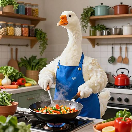 Photograph of a white goose wearing a blue apron, cooking colorful vegetables in a frying pan on a kitchen stove.