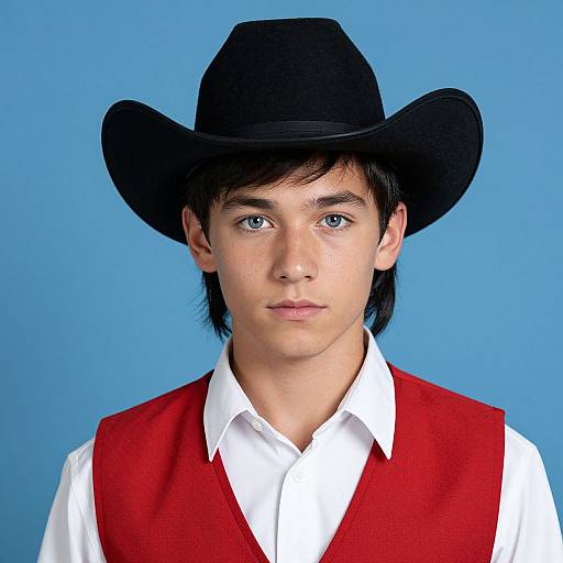 Photograph of a young man with blue eyes, black hat, white shirt, and red vest, against a solid blue background.