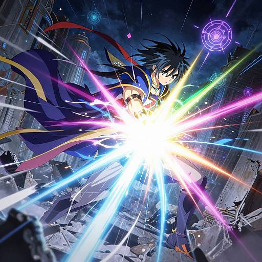 Anime-style digital artwork of a blue-haired character unleashing a colorful, radiant energy blast in a dark, futuristic cityscape.